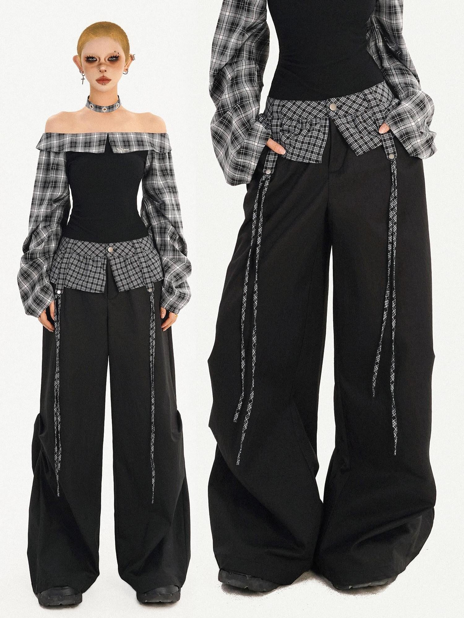 Nico Molly American Plaid Patchwork Bardot Neck Cargo Wide Leg Women's Top & Pants Sets