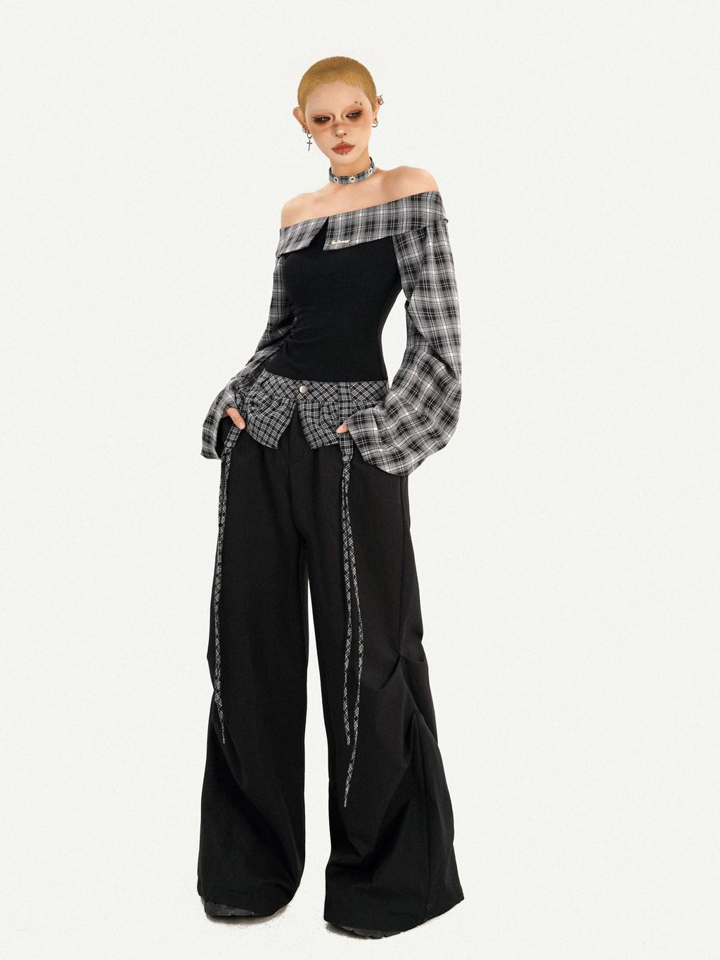 Nico Molly American Plaid Patchwork Bardot Neck Cargo Wide Leg Women's Top & Pants Sets