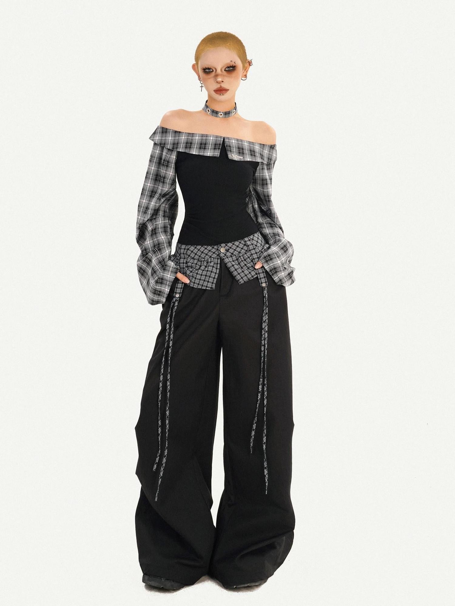 Nico Molly American Plaid Patchwork Bardot Neck Cargo Wide Leg Women's Top & Pants Sets
