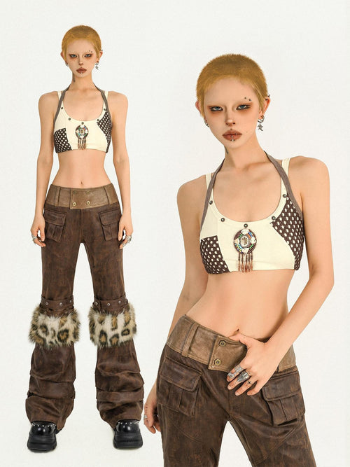 Nico Molly Apricot Contrast Halter Plaid Backless Cropped Slim Women's Tube Tops / Bandeaus