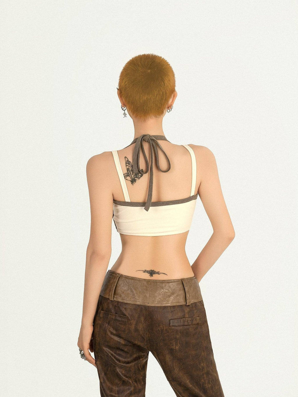 Nico Molly Apricot Contrast Halter Plaid Backless Cropped Slim Women's Tube Tops / Bandeaus