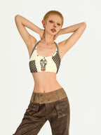 Nico Molly Apricot Contrast Halter Plaid Backless Cropped Slim Women's Tube Tops / Bandeaus