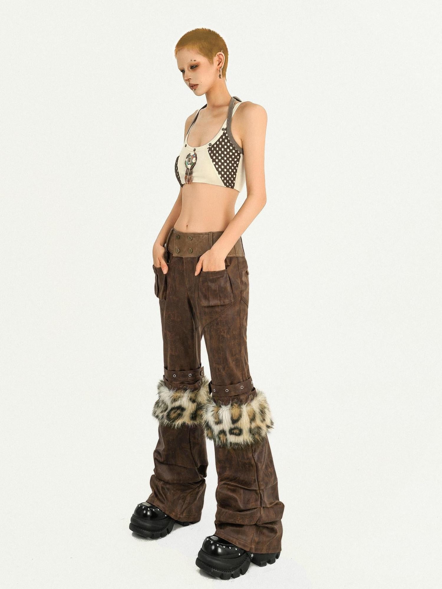 Nico Molly Apricot Contrast Halter Plaid Backless Cropped Slim Women's Tube Tops / Bandeaus