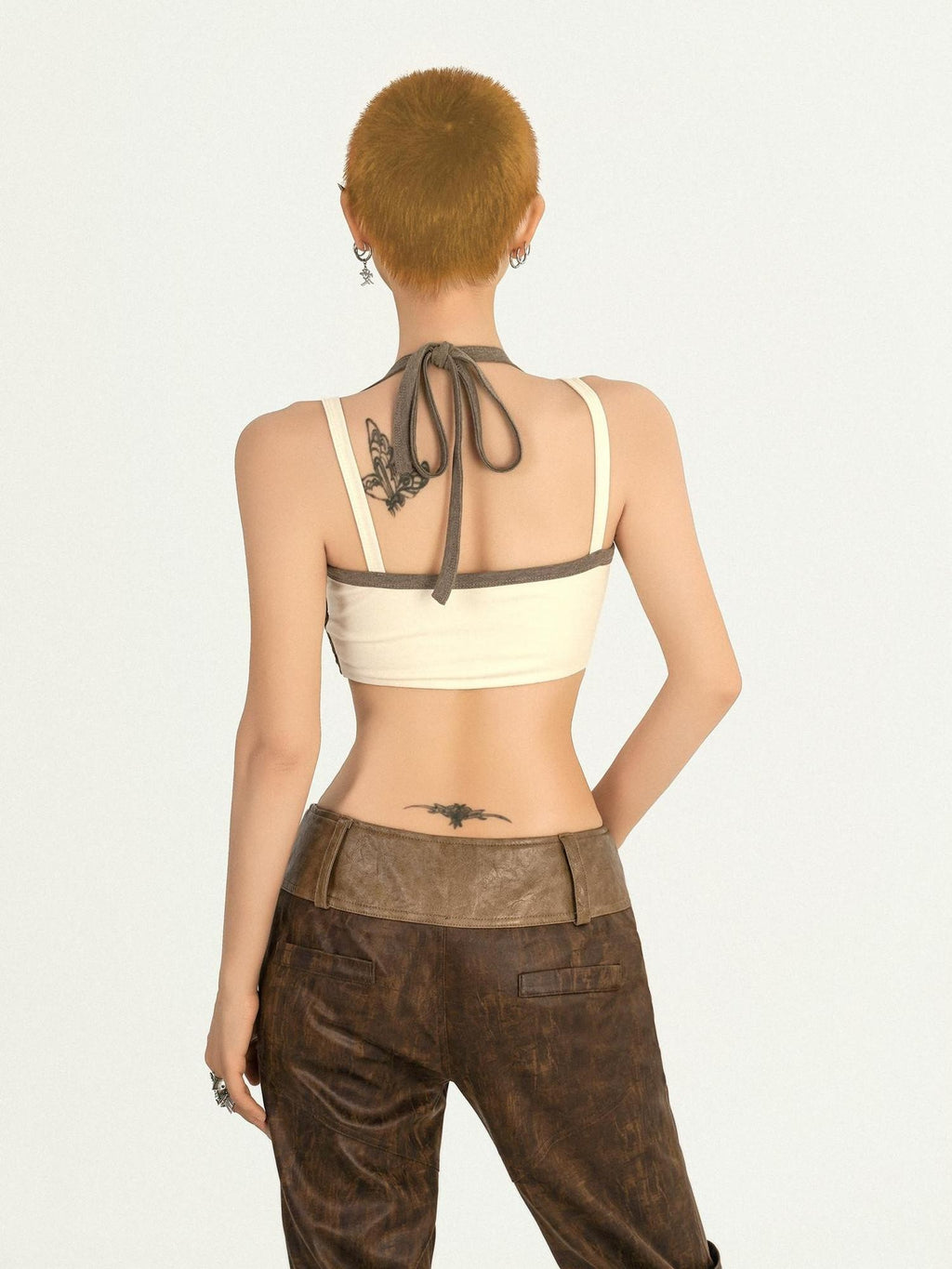 Nico Molly Apricot Contrast Halter Plaid Backless Cropped Slim Women's Tube Tops / Bandeaus