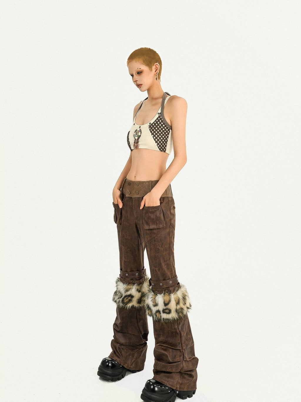 Nico Molly Apricot Contrast Halter Plaid Backless Cropped Slim Women's Tube Tops / Bandeaus