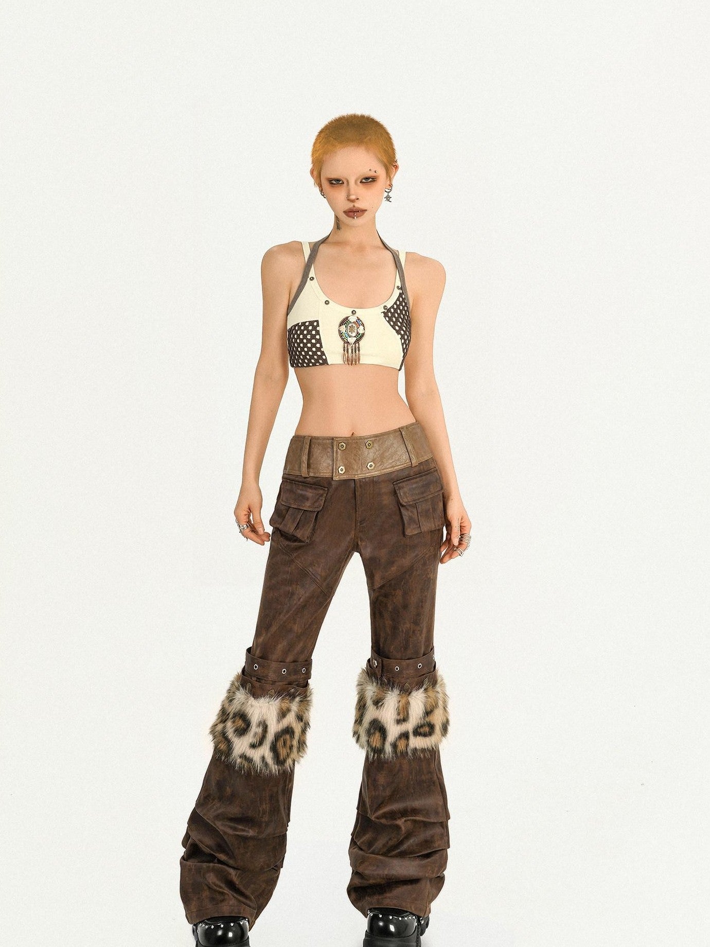 Nico Molly Apricot Contrast Halter Plaid Backless Cropped Slim Women's Tube Tops / Bandeaus