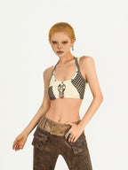 Nico Molly Apricot Contrast Halter Plaid Backless Cropped Slim Women's Tube Tops / Bandeaus