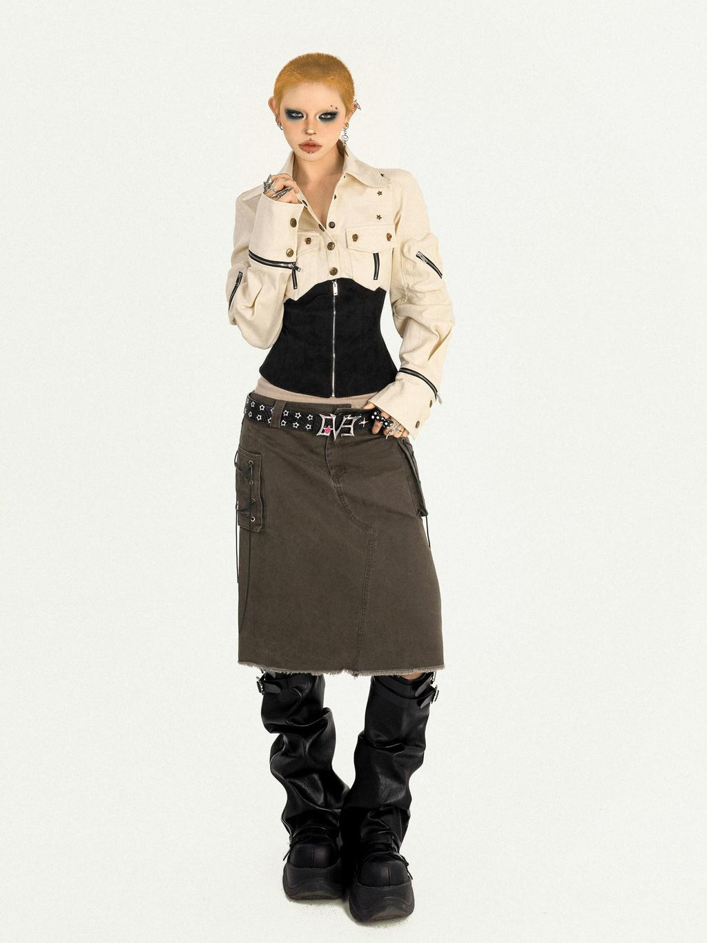 Nico Molly Apricot Patchwork Zip Button Cinched Waist Utility Lapel Women's Overshirts