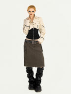 Nico Molly Apricot Patchwork Zip Button Cinched Waist Utility Lapel Women's Overshirts