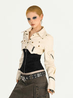 Nico Molly Apricot Patchwork Zip Button Cinched Waist Utility Lapel Women's Overshirts