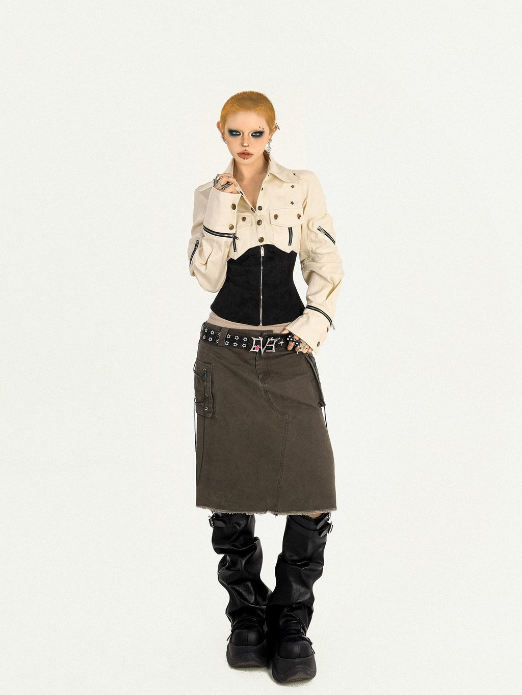 Nico Molly Apricot Patchwork Zip Button Cinched Waist Utility Lapel Women's Overshirts
