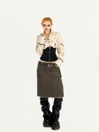 Nico Molly Apricot Patchwork Zip Button Cinched Waist Utility Lapel Women's Overshirts