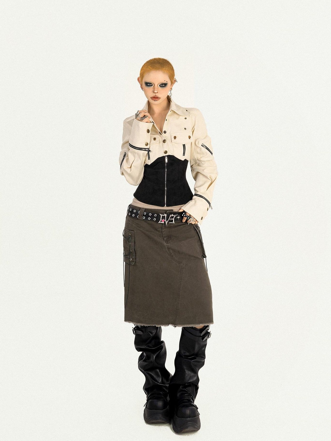 Nico Molly Apricot Patchwork Zip Button Cinched Waist Utility Lapel Women's Overshirts