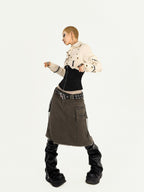 Nico Molly Apricot Patchwork Zip Button Cinched Waist Utility Lapel Women's Overshirts