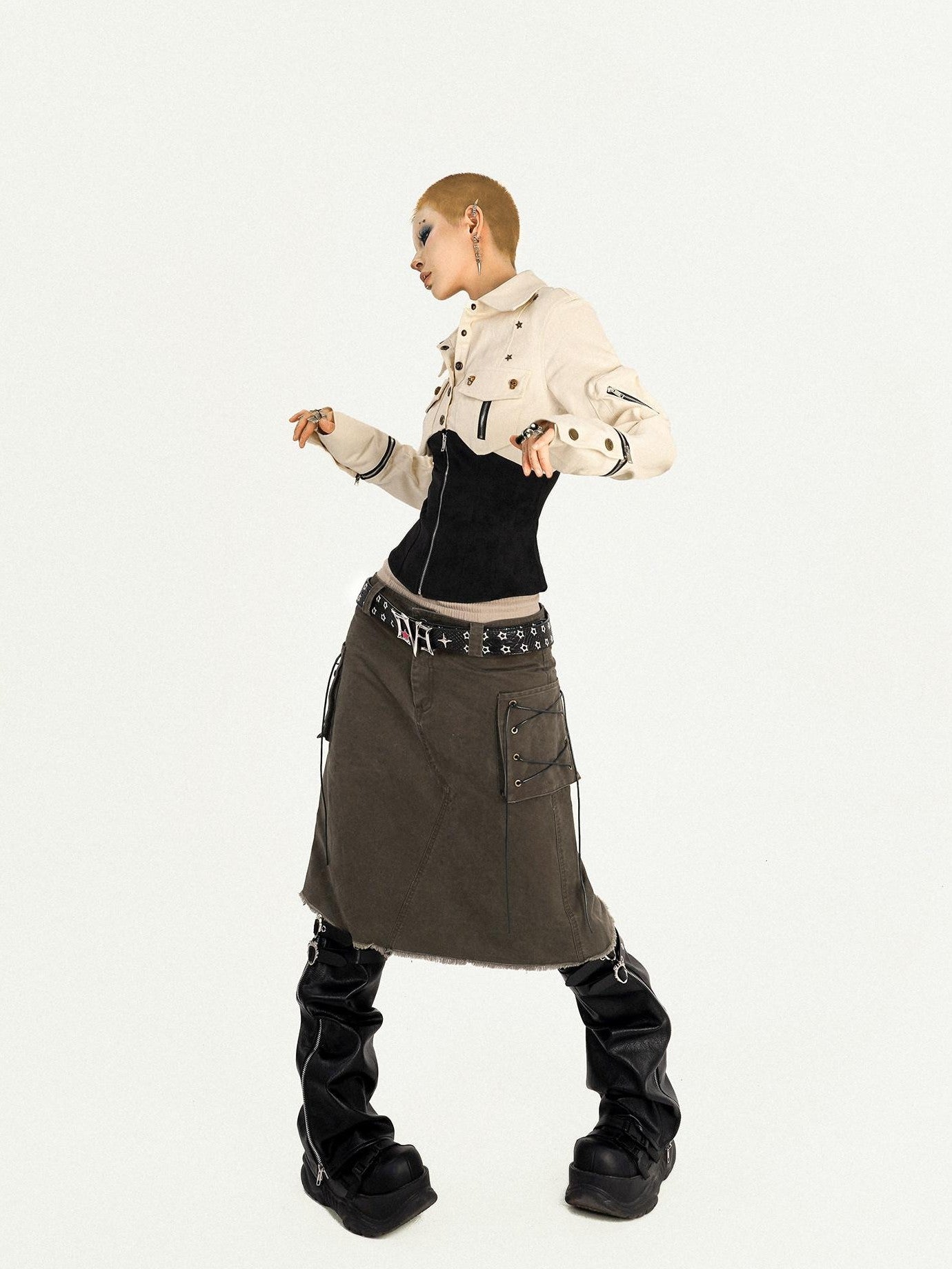 Nico Molly Apricot Patchwork Zip Button Cinched Waist Utility Lapel Women's Overshirts