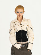 Nico Molly Apricot Patchwork Zip Button Cinched Waist Utility Lapel Women's Overshirts