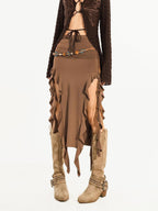 Nico Molly Asymmetric Ribbon High Waist Slim Women's Polyester Spandex Midi Skirts