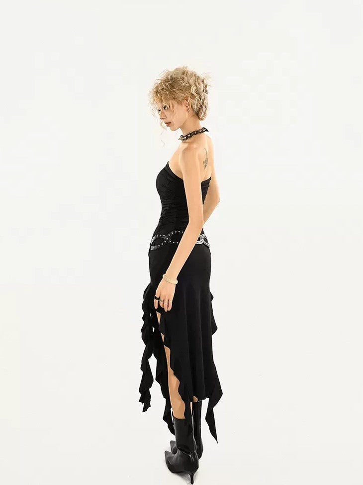 Nico Molly Asymmetric Ribbon High Waist Slim Women's Polyester Spandex Midi Skirts