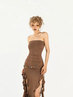 Nico Molly Asymmetric Ribbon High Waist Slim Women's Polyester Spandex Midi Skirts