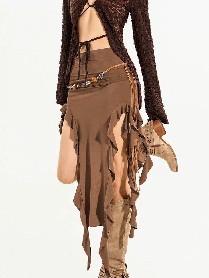 Nico Molly Asymmetric Ribbon High Waist Slim Women's Polyester Spandex Midi Skirts