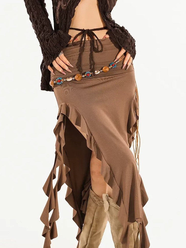 Nico Molly Asymmetric Ribbon High Waist Slim Women's Polyester Spandex Midi Skirts