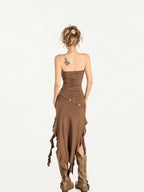 Nico Molly Asymmetric Ribbon High Waist Slim Women's Polyester Spandex Midi Skirts