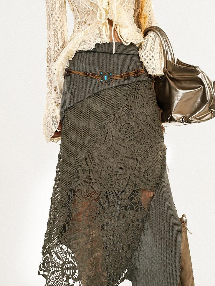 Nico Molly Barncore Asymmetric Patchwork Lace Women's Poly Viscose Blend Maxi Skirts