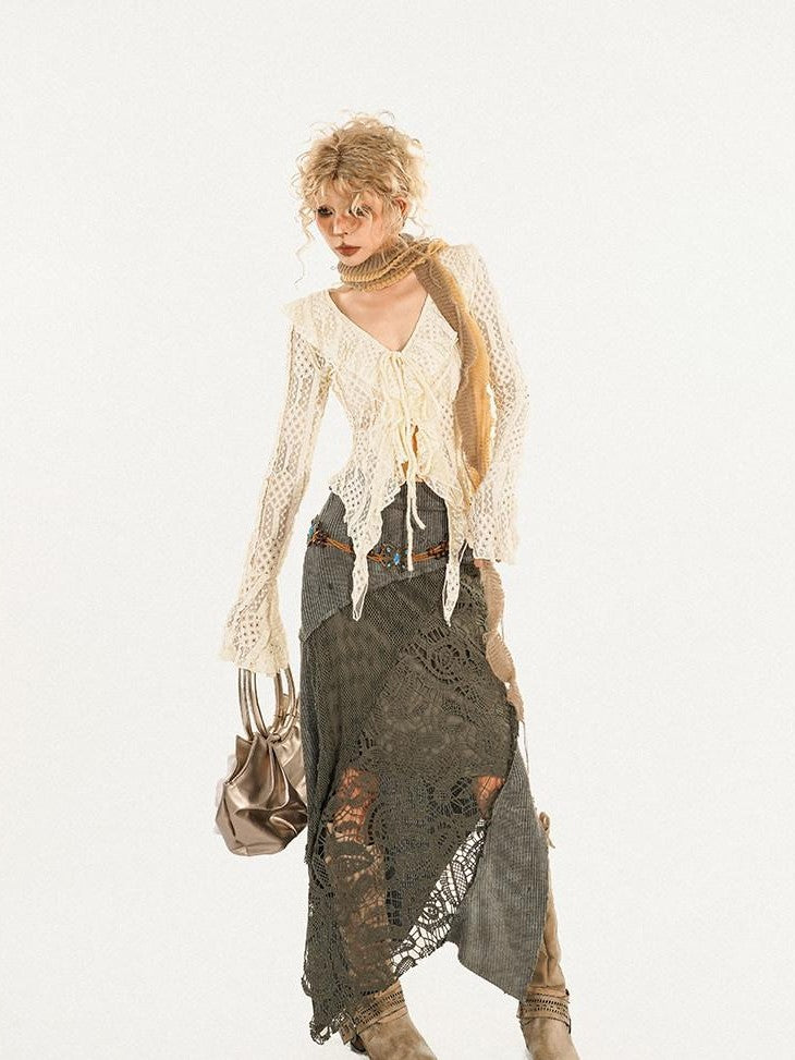 Nico Molly Barncore Asymmetric Patchwork Lace Women's Poly Viscose Blend Maxi Skirts