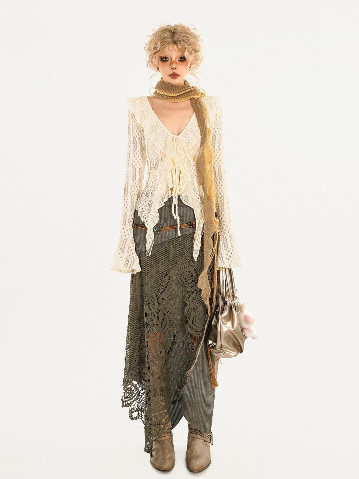 Nico Molly Barncore Asymmetric Patchwork Lace Women's Poly Viscose Blend Maxi Skirts