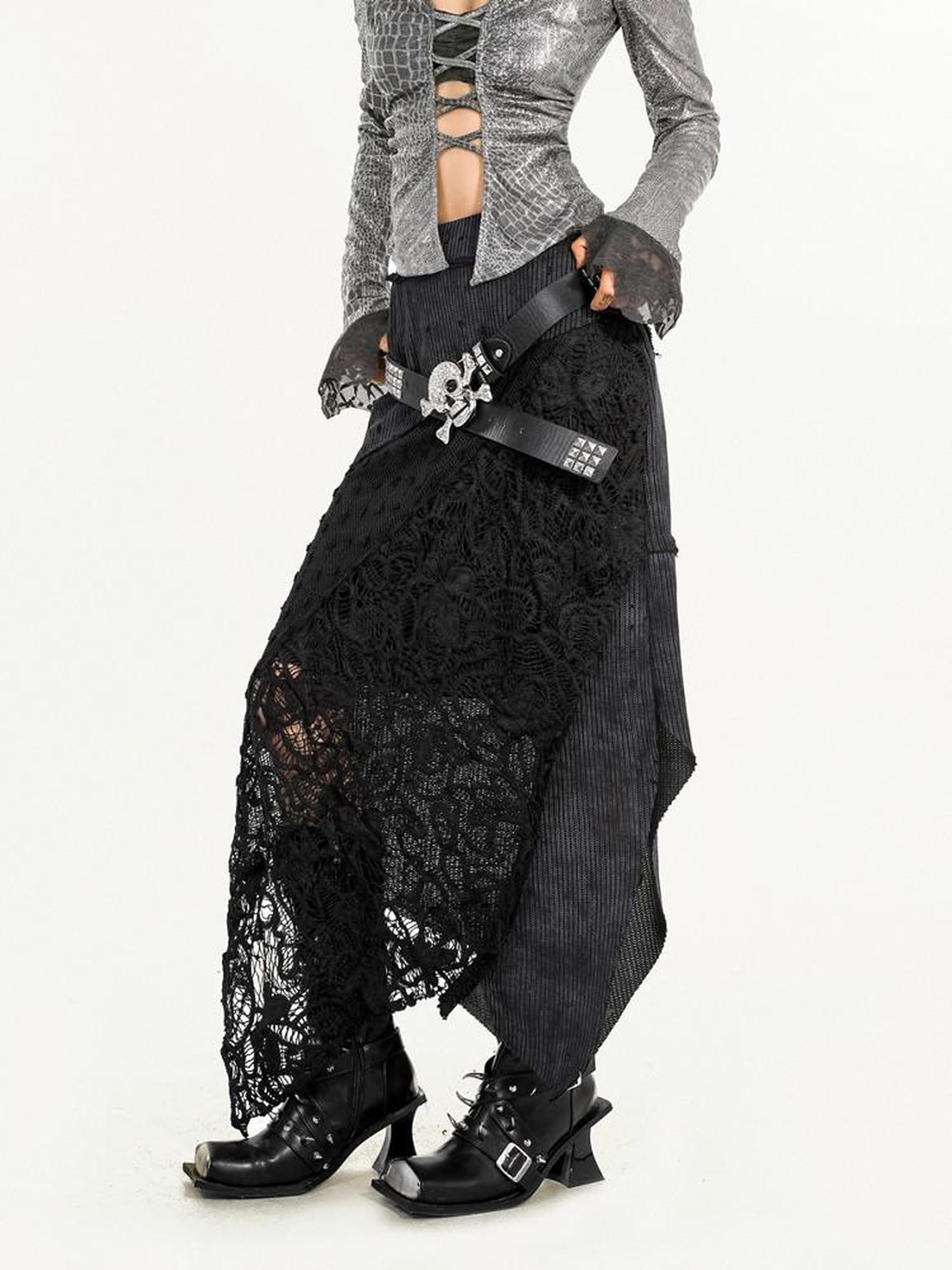 Nico Molly Barncore Asymmetric Patchwork Lace Women's Poly Viscose Blend Maxi Skirts