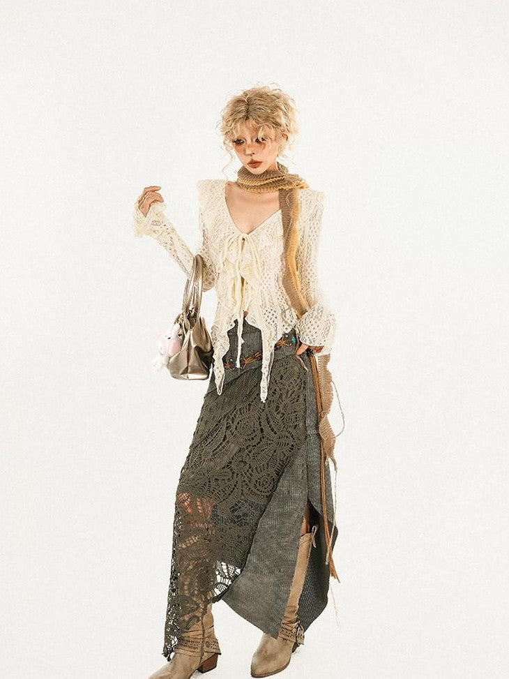 Nico Molly Barncore Asymmetric Patchwork Lace Women's Poly Viscose Blend Maxi Skirts