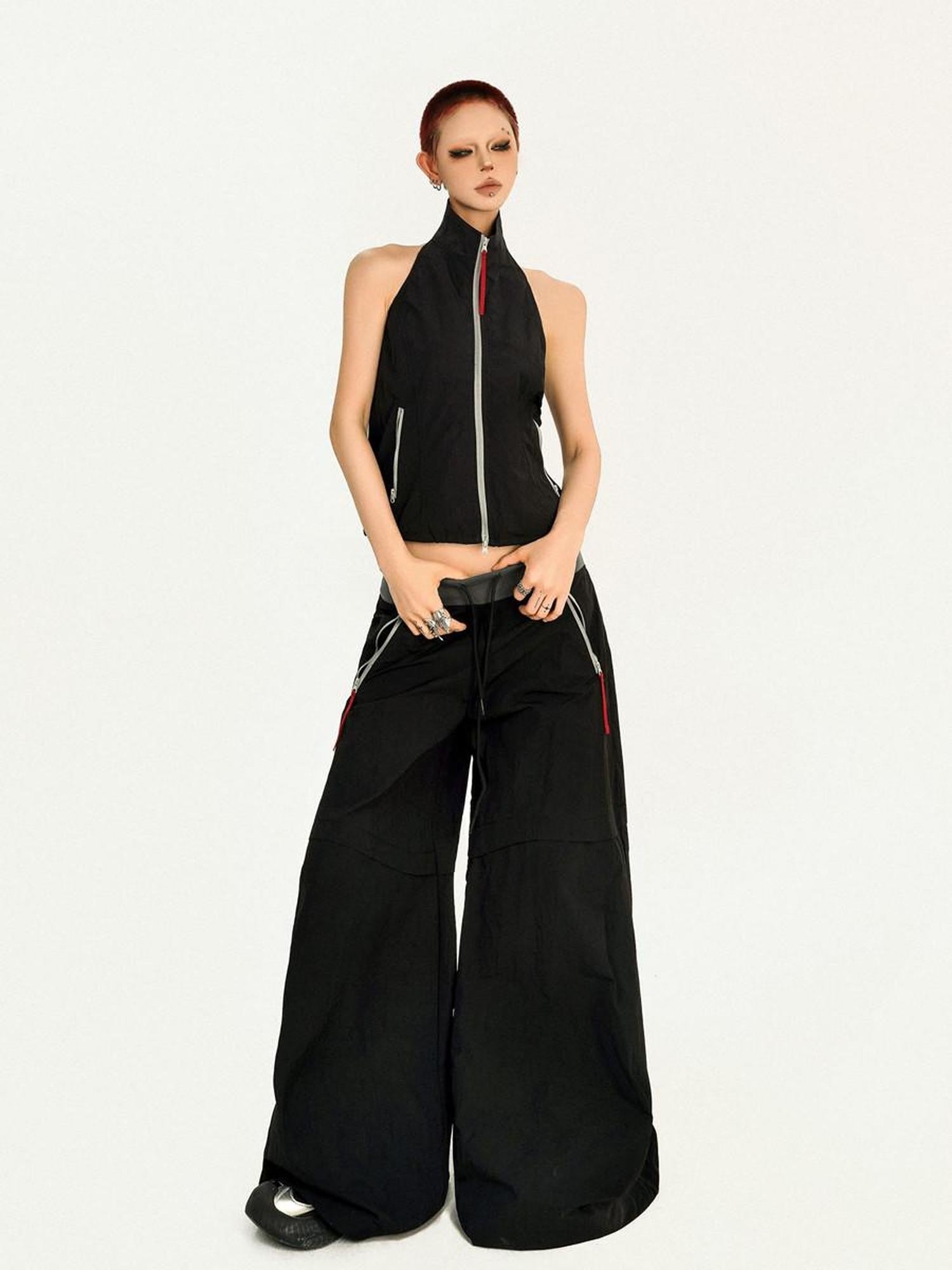 Nico Molly Black Backless Halter Cargo Wide Leg Women's Top & Pants Sets
