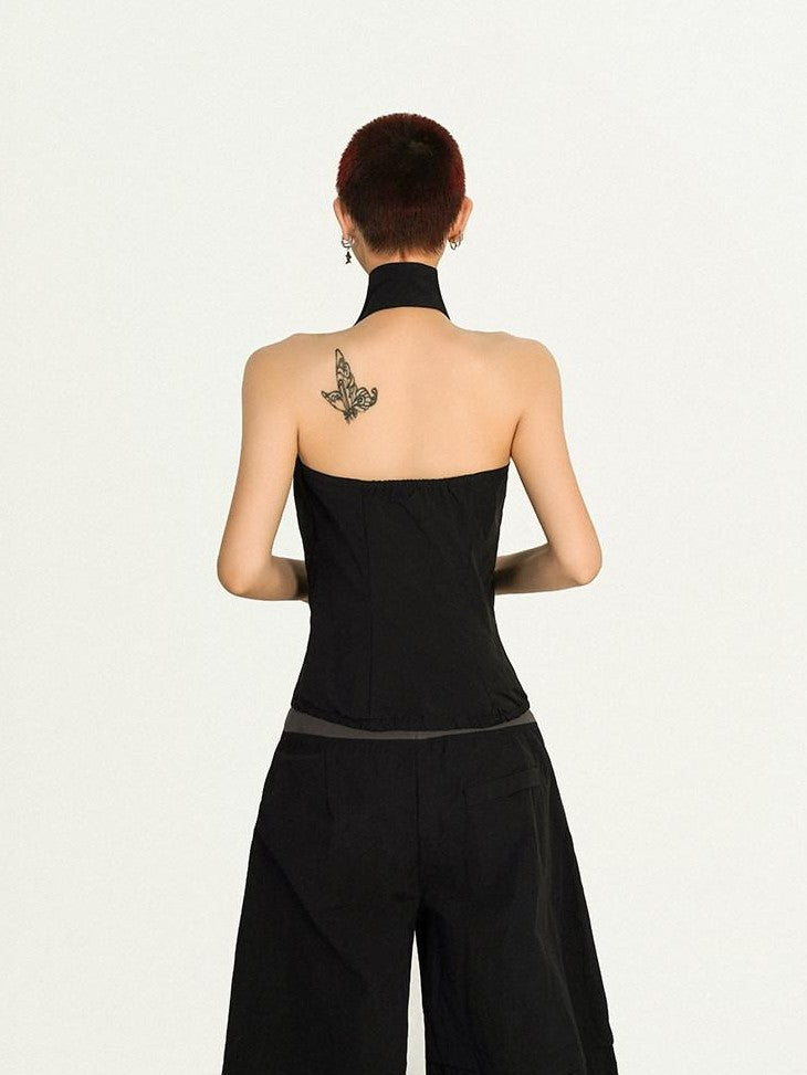Nico Molly Black Backless Halter Cargo Wide Leg Women's Top & Pants Sets
