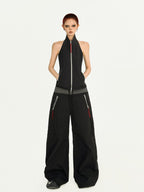 Nico Molly Black Backless Halter Cargo Wide Leg Women's Top & Pants Sets