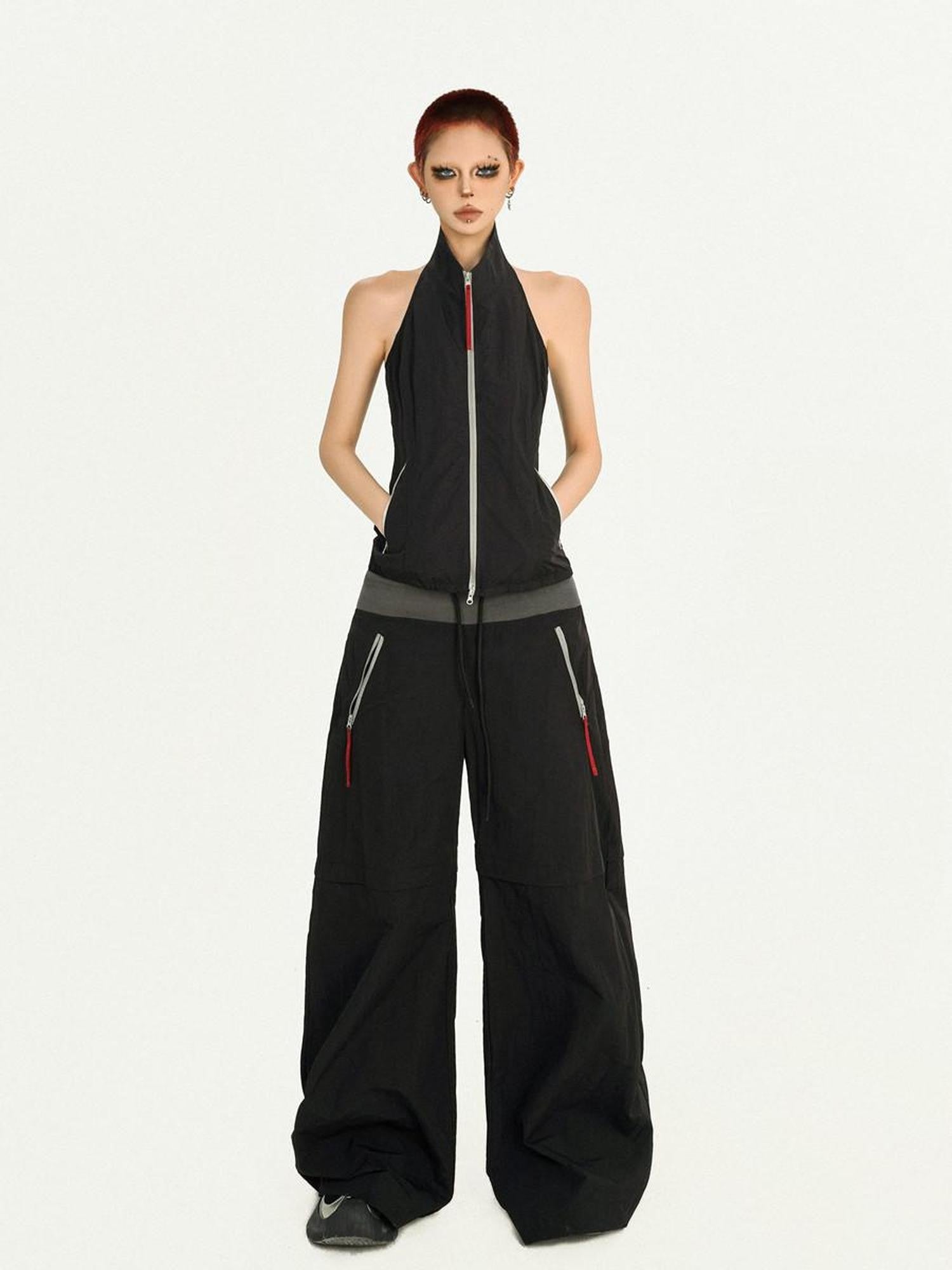 Nico Molly Black Backless Halter Cargo Wide Leg Women's Top & Pants Sets