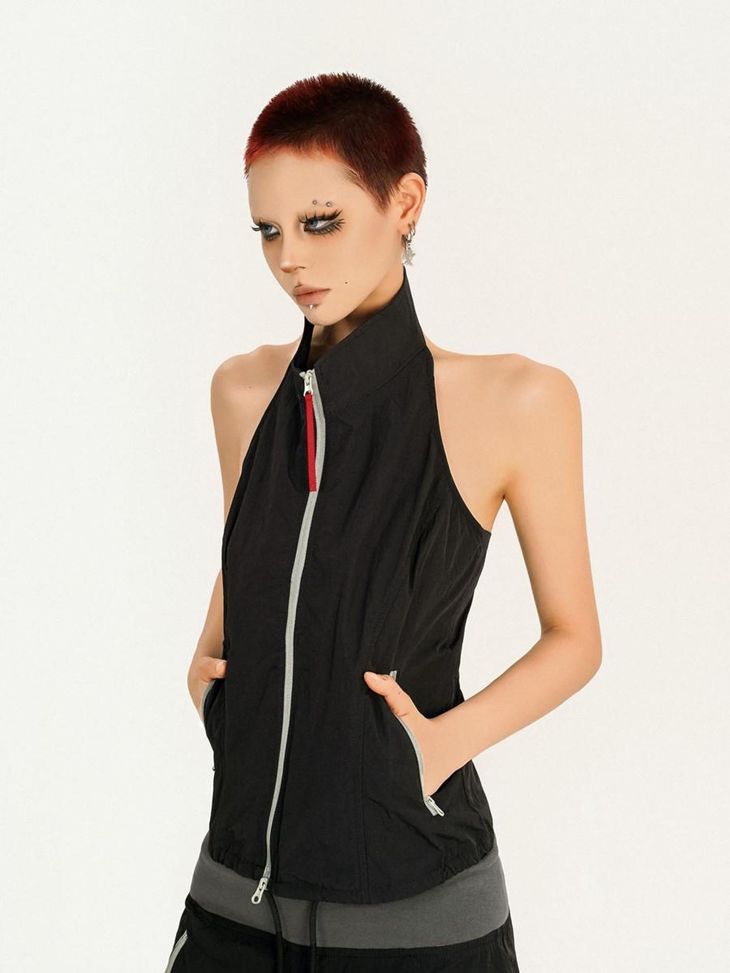 Nico Molly Black Backless Halter Cargo Wide Leg Women's Top & Pants Sets