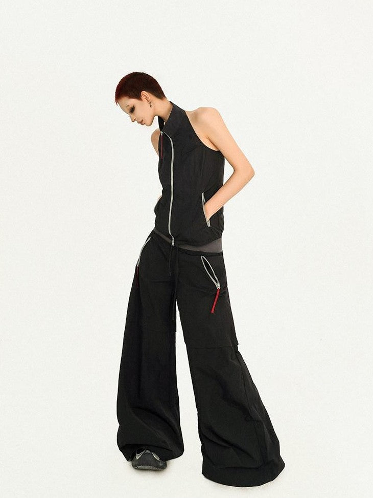 Nico Molly Black Backless Halter Cargo Wide Leg Women's Top & Pants Sets