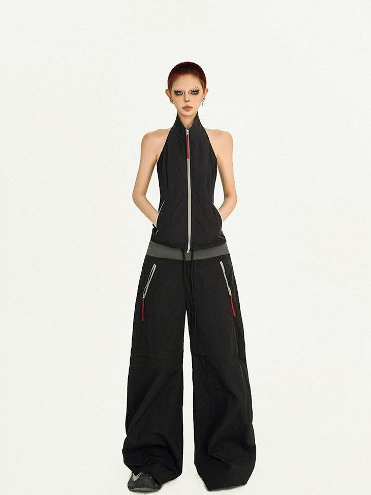 Nico Molly Black Backless Halter Cargo Wide Leg Women's Top & Pants Sets