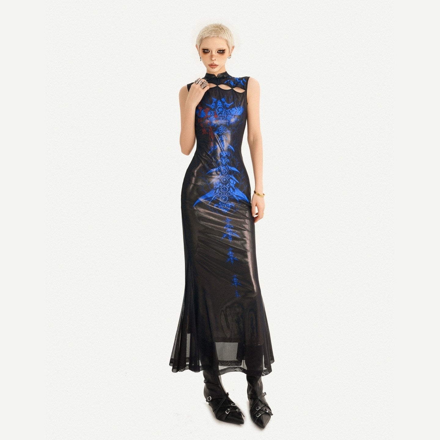 Nico_Molly_Black_Blue_Cyber_Dark_Cutout_Stand_Collar_Fishtail_Women's_Casual_Maxi_Dresses_1059566257598_MISSTT