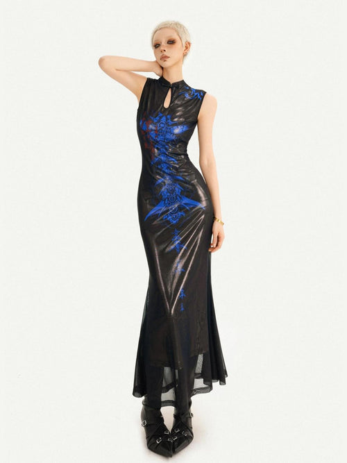 Nico Molly Black Blue Cyber Dark Cutout Stand Collar Fishtail Women's Casual Maxi Dresses