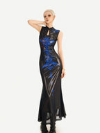 Nico Molly Black Blue Cyber Dark Cutout Stand Collar Fishtail Women's Casual Maxi Dresses