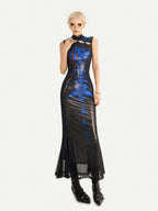 Nico Molly Black Blue Cyber Dark Cutout Stand Collar Fishtail Women's Casual Maxi Dresses