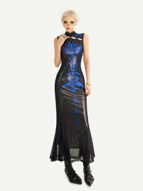 Nico Molly Black Blue Cyber Dark Cutout Stand Collar Fishtail Women's Casual Maxi Dresses