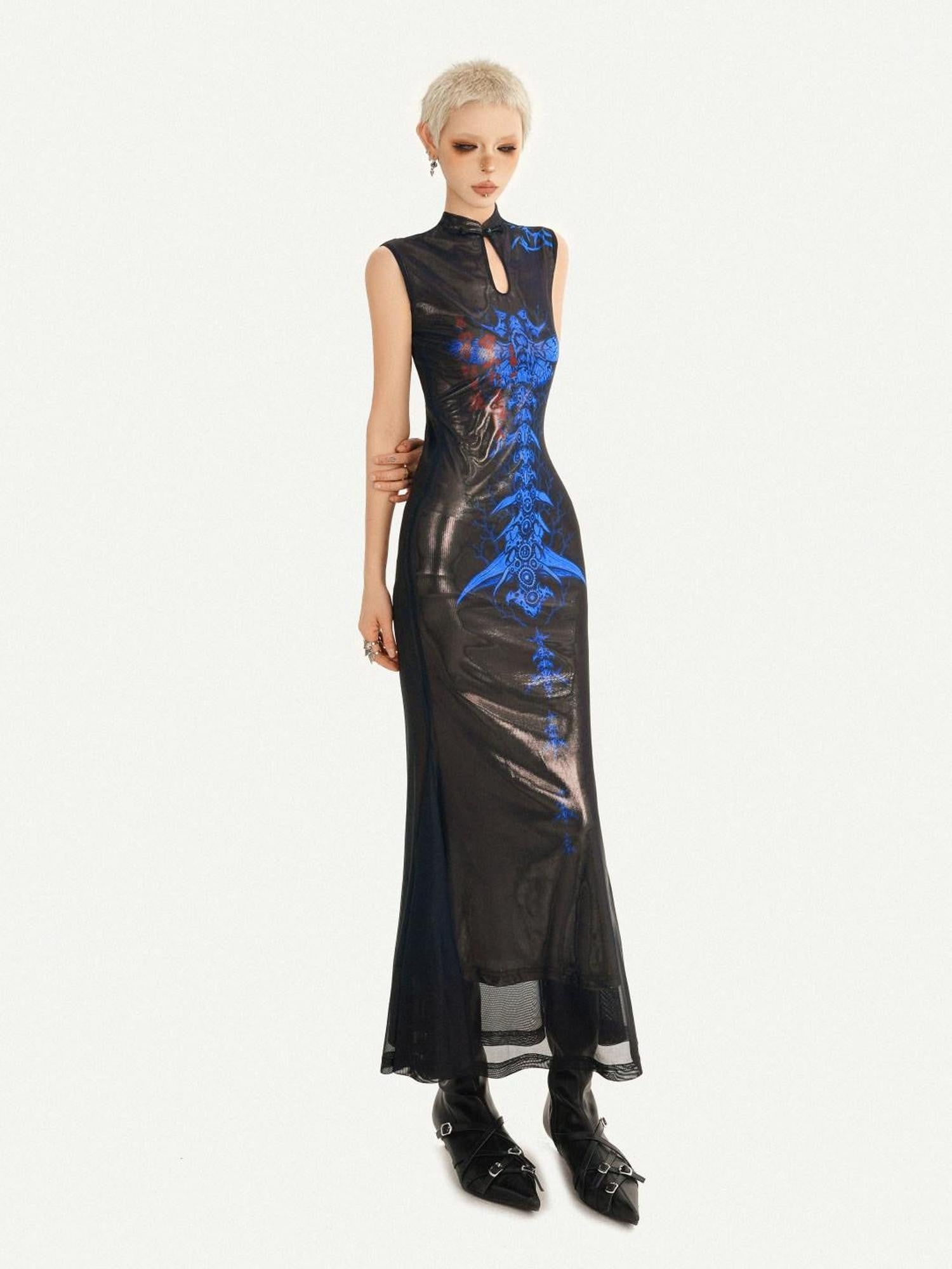 Nico Molly Black Blue Cyber Dark Cutout Stand Collar Fishtail Women's Casual Maxi Dresses
