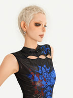 Nico Molly Black Blue Cyber Dark Cutout Stand Collar Fishtail Women's Casual Maxi Dresses