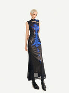 Nico Molly Black Blue Cyber Dark Cutout Stand Collar Fishtail Women's Casual Maxi Dresses
