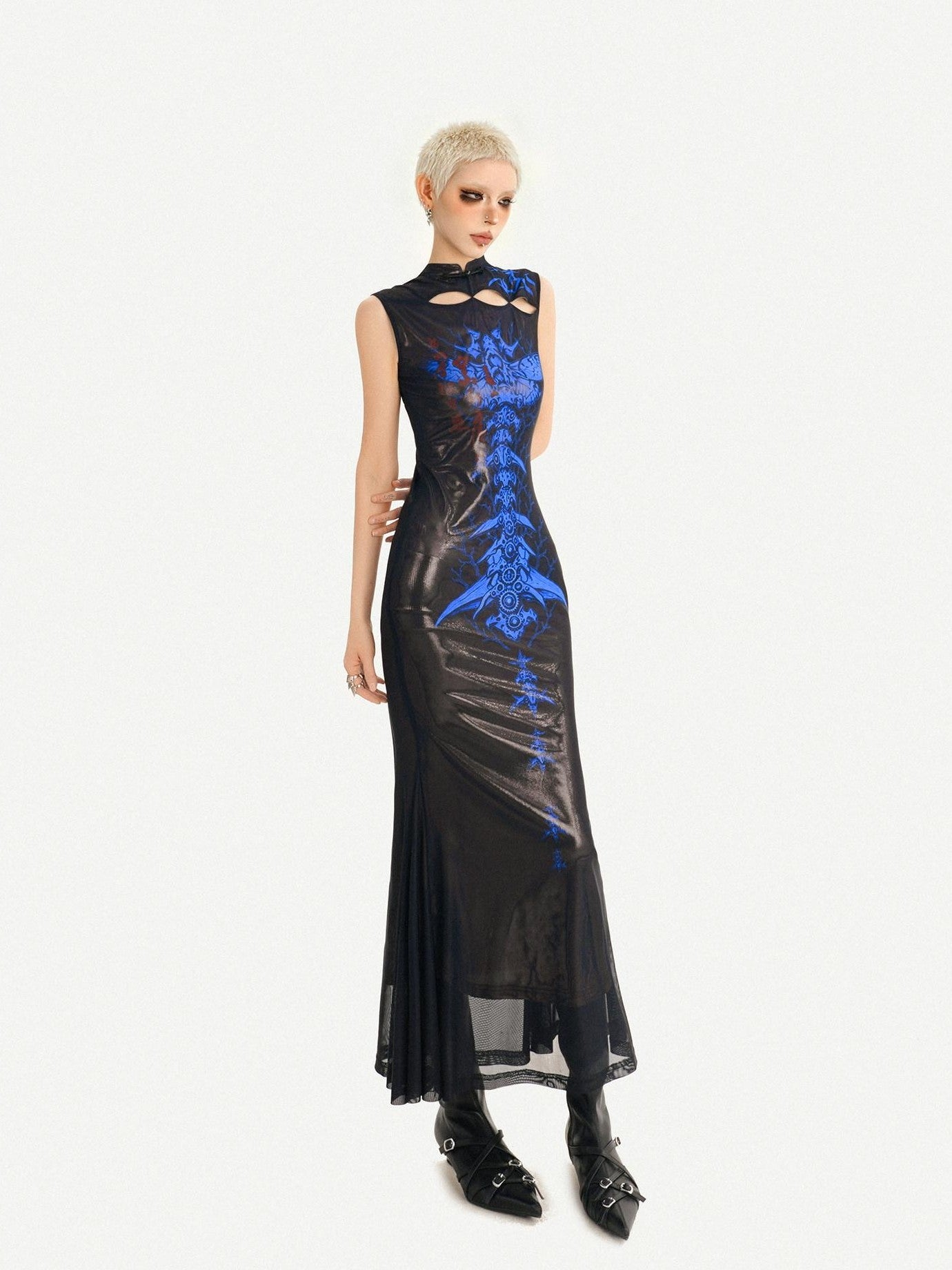 Nico Molly Black Blue Cyber Dark Cutout Stand Collar Fishtail Women's Casual Maxi Dresses