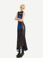 Nico Molly Black Blue Cyber Dark Cutout Stand Collar Fishtail Women's Casual Maxi Dresses