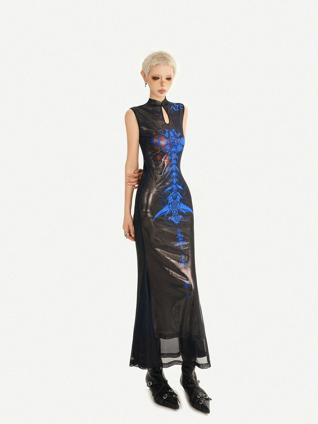 Nico Molly Black Blue Cyber Dark Cutout Stand Collar Fishtail Women's Casual Maxi Dresses