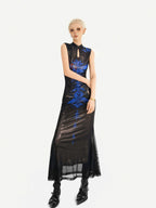 Nico Molly Black Blue Cyber Dark Cutout Stand Collar Fishtail Women's Casual Maxi Dresses